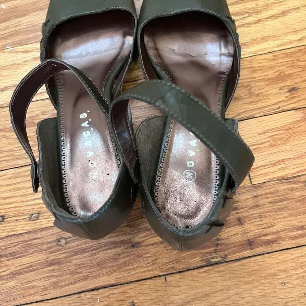 Novacas Vegan Olive Green Low Wedge Ankle Strap Mary Jane Shoes